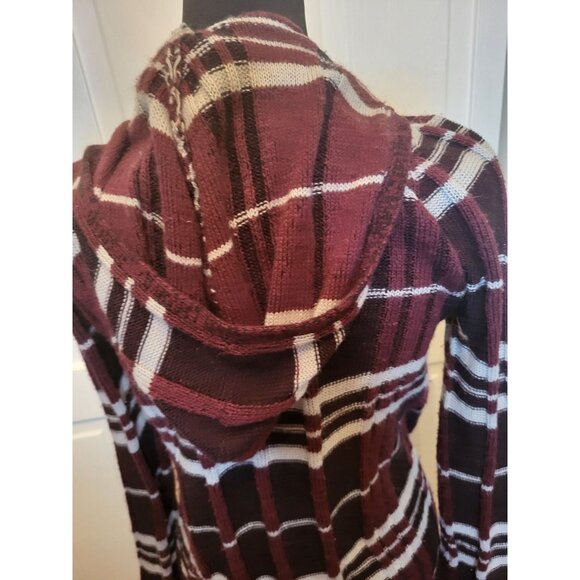 Burgundy/White Ribbed Striped Duster Hoodie Fringe Faded Glory 4/6 Boho Retro - Picture 2 of 6